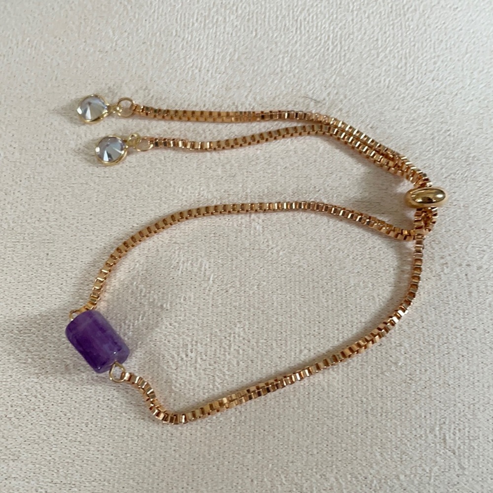 Adjustable Gold Tone Chain Bracelet- Amethyst